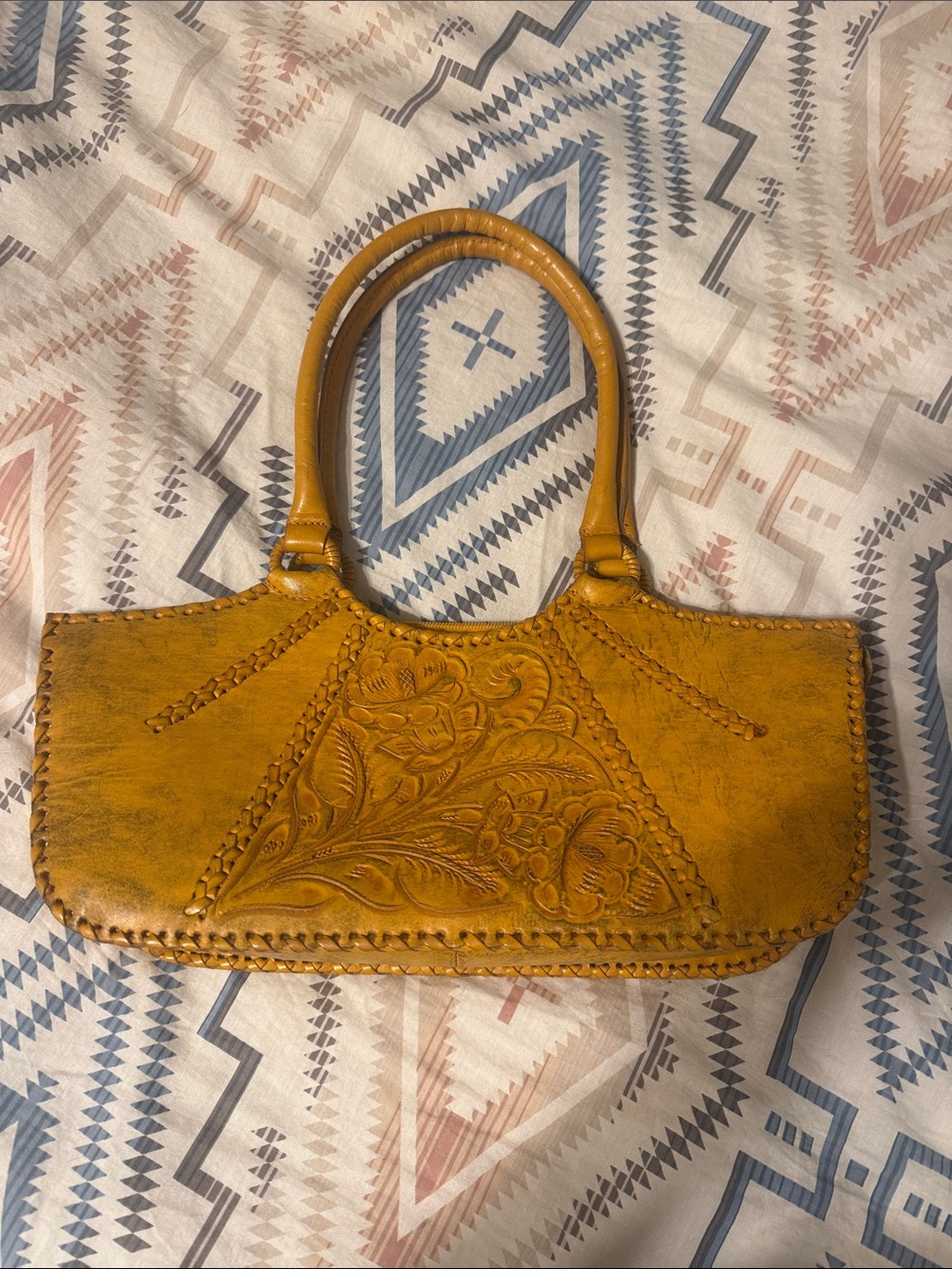 Hand-Tooled Mustard Leather Tote Bag